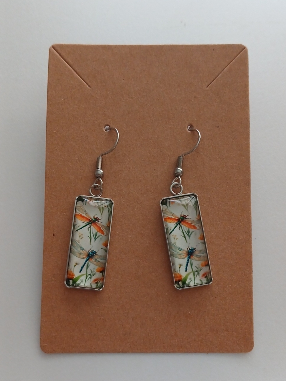 Fashion Jewelry Dragonfly Rectangle Dangle Earrings in Orange and Blue